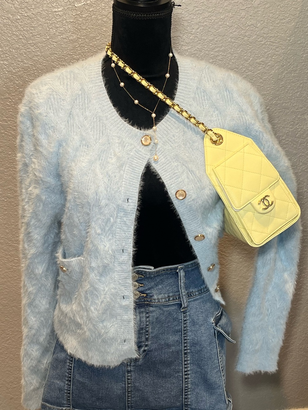 Light Blue Fuzzy Button-Front Women's Cardigan